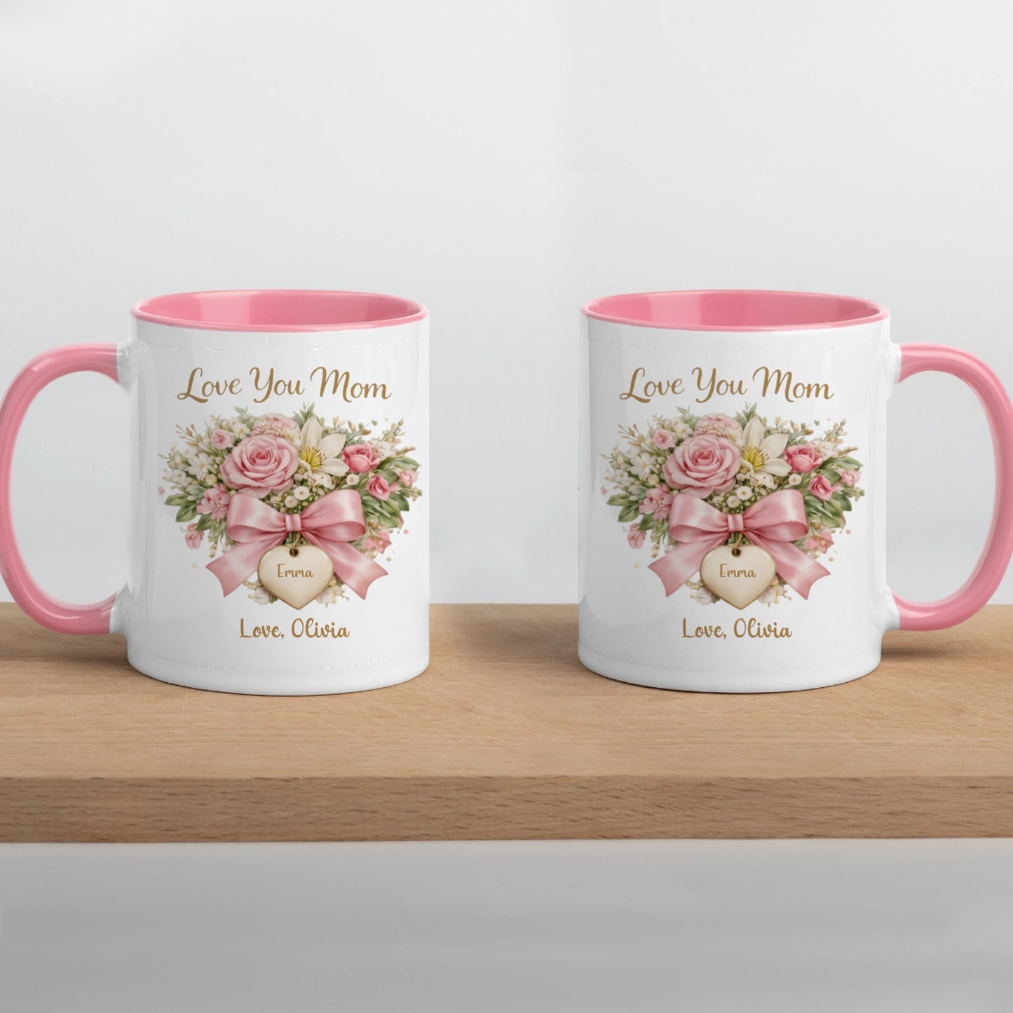 Love You Mom - Personalized Pink Floral Mug for Mom, Gift from Daughter