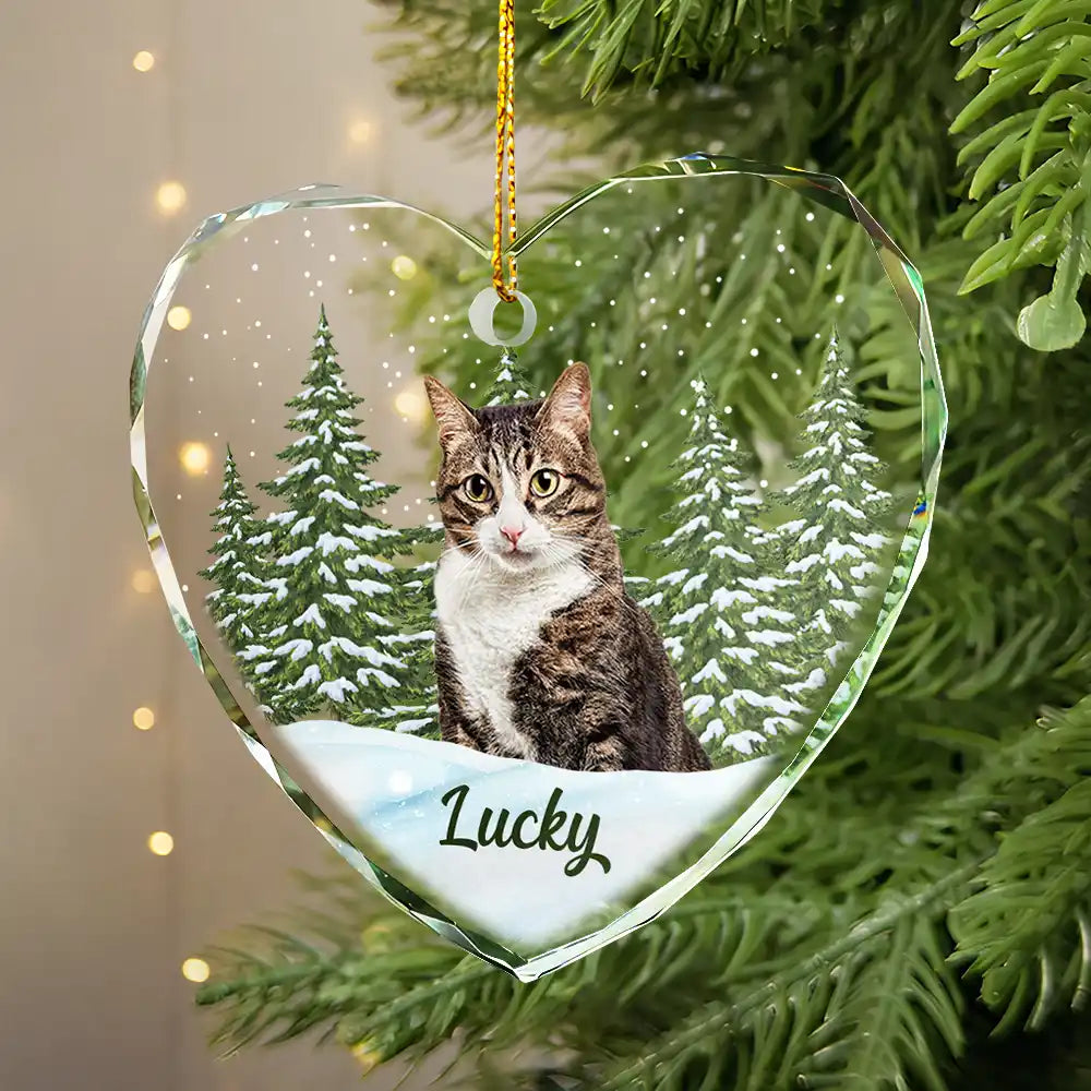 Custom Photo Pet Face Dog Cat Memorial - Personalized Heart Shaped Glass Ornament
