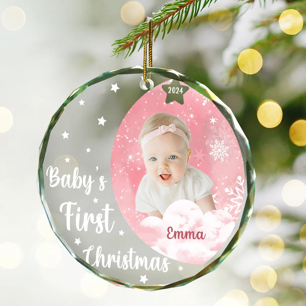 Custom Photo New Baby's First Christmas - Personalized Circle Glass Ornament