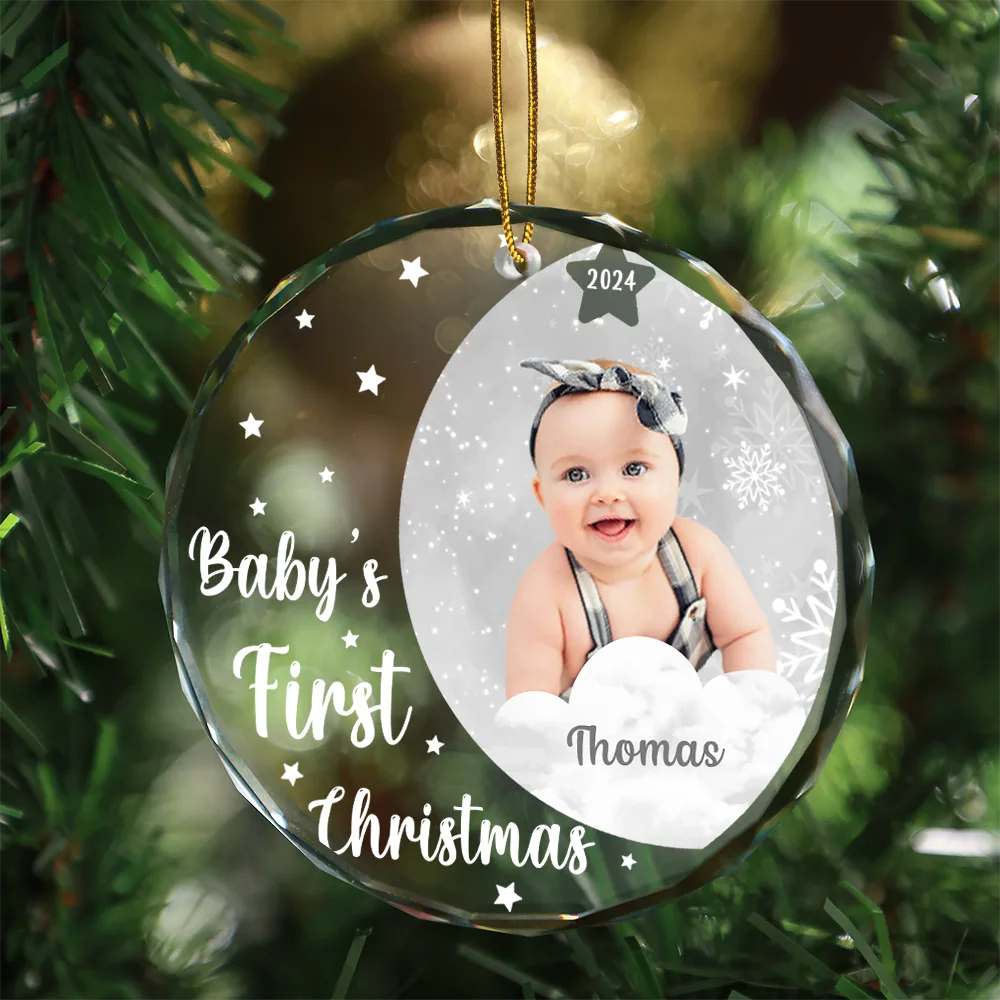 Custom Photo New Baby's First Christmas - Personalized Circle Glass Ornament