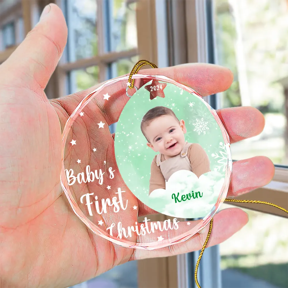 Custom Photo New Baby's First Christmas - Personalized Circle Glass Ornament