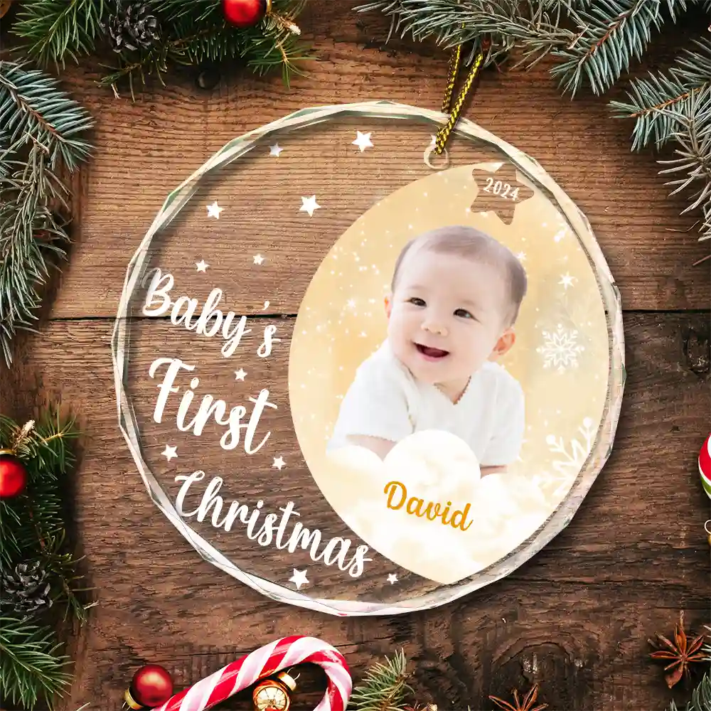 Custom Photo New Baby's First Christmas - Personalized Circle Glass Ornament