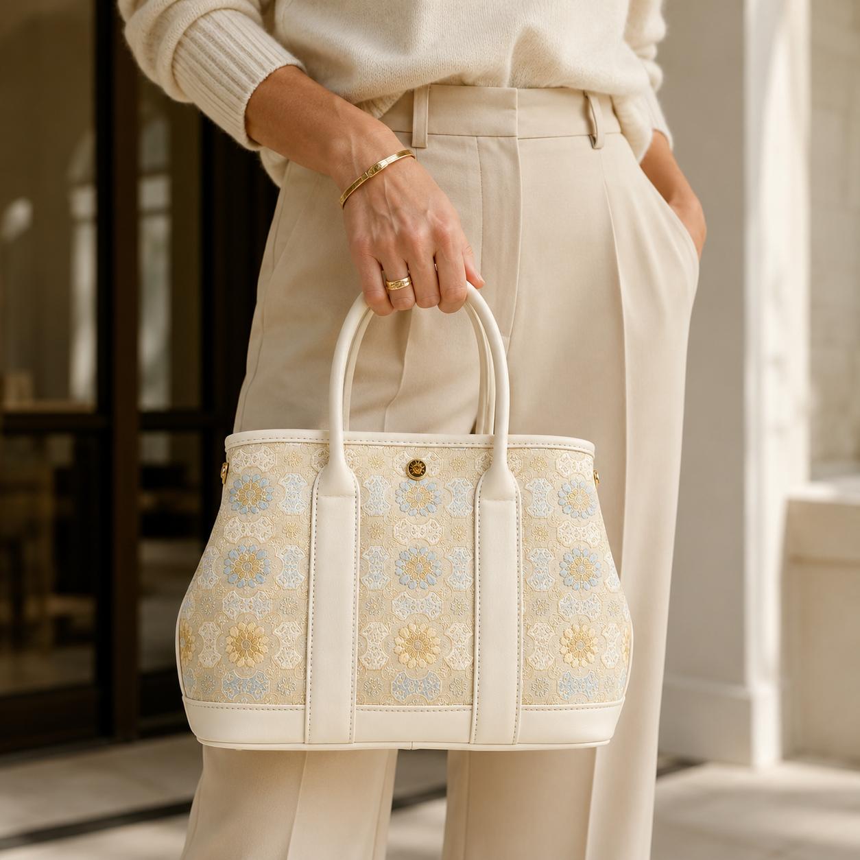 Ivory Bloom Silk Brocade Leather Bag