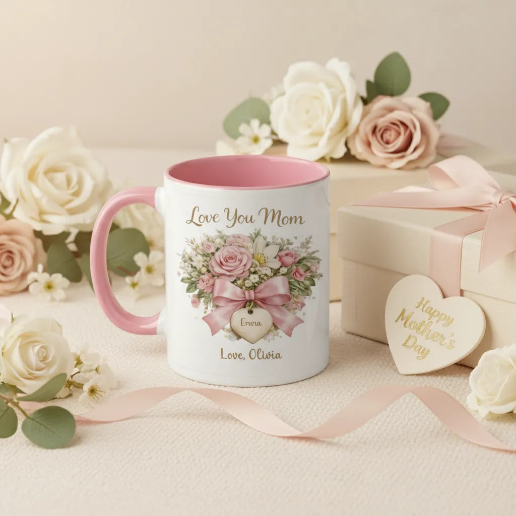 Love You Mom - Personalized Pink Floral Mug for Mom, Gift from Daughter