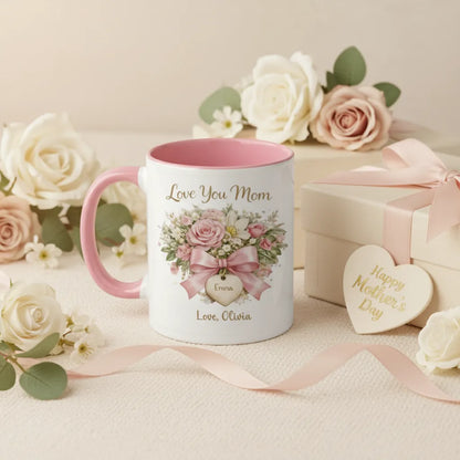 Love You Mom - Personalized Pink Floral Mug for Mom, Gift from Daughter