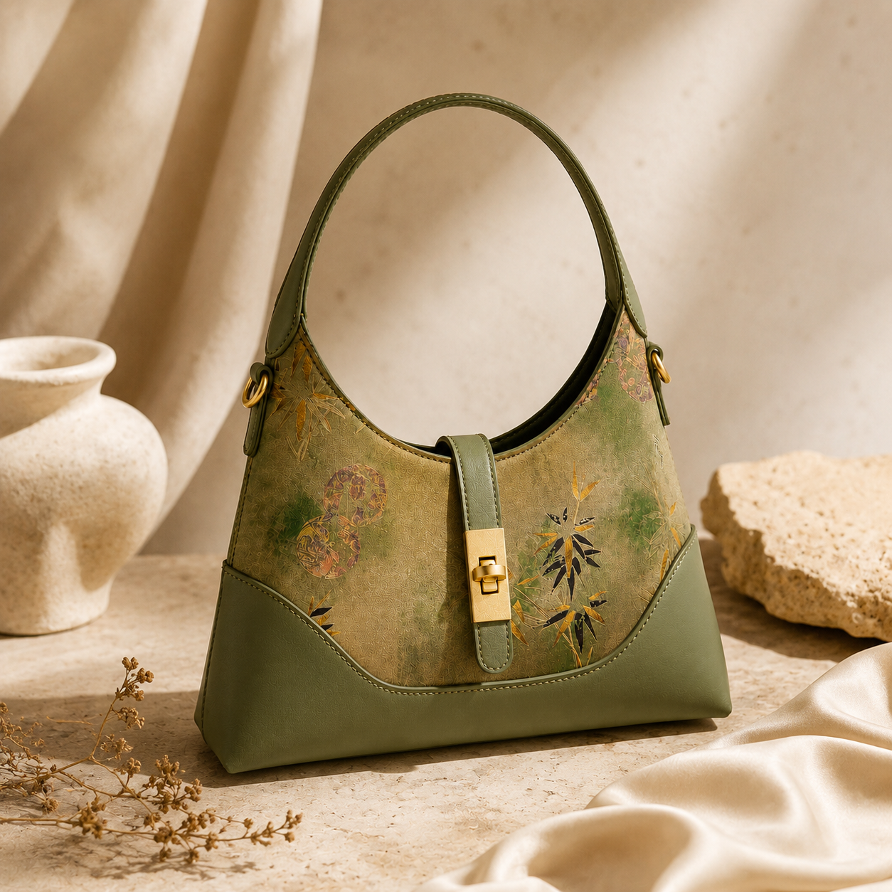 Olive Bamboo Silk Brocade Leather Shoulder Bag