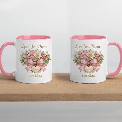 Love You Mom - Personalized Pink Floral Mug for Mom, Gift from Daughter