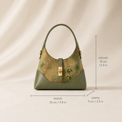 Olive Bamboo Silk Brocade Leather Shoulder Bag
