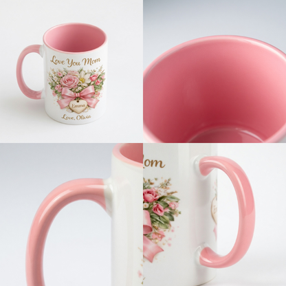 Love You Mom - Personalized Pink Floral Mug for Mom, Gift from Daughter