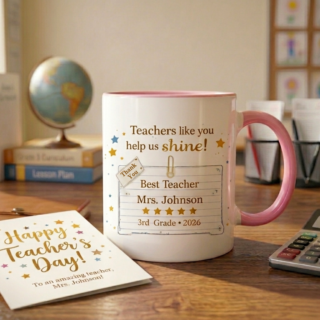 Teachers Like You Help Us Shine - Personalized Ceramic Coffee Mug - Meaningful Appreciation Gift for Teacher, Mentor, Professor - 11oz Colorful Rim & Handle Mug