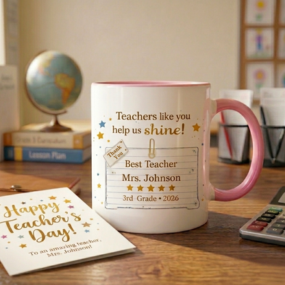 Teachers Like You Help Us Shine - Personalized Ceramic Coffee Mug - Meaningful Appreciation Gift for Teacher, Mentor, Professor - 11oz Colorful Rim & Handle Mug