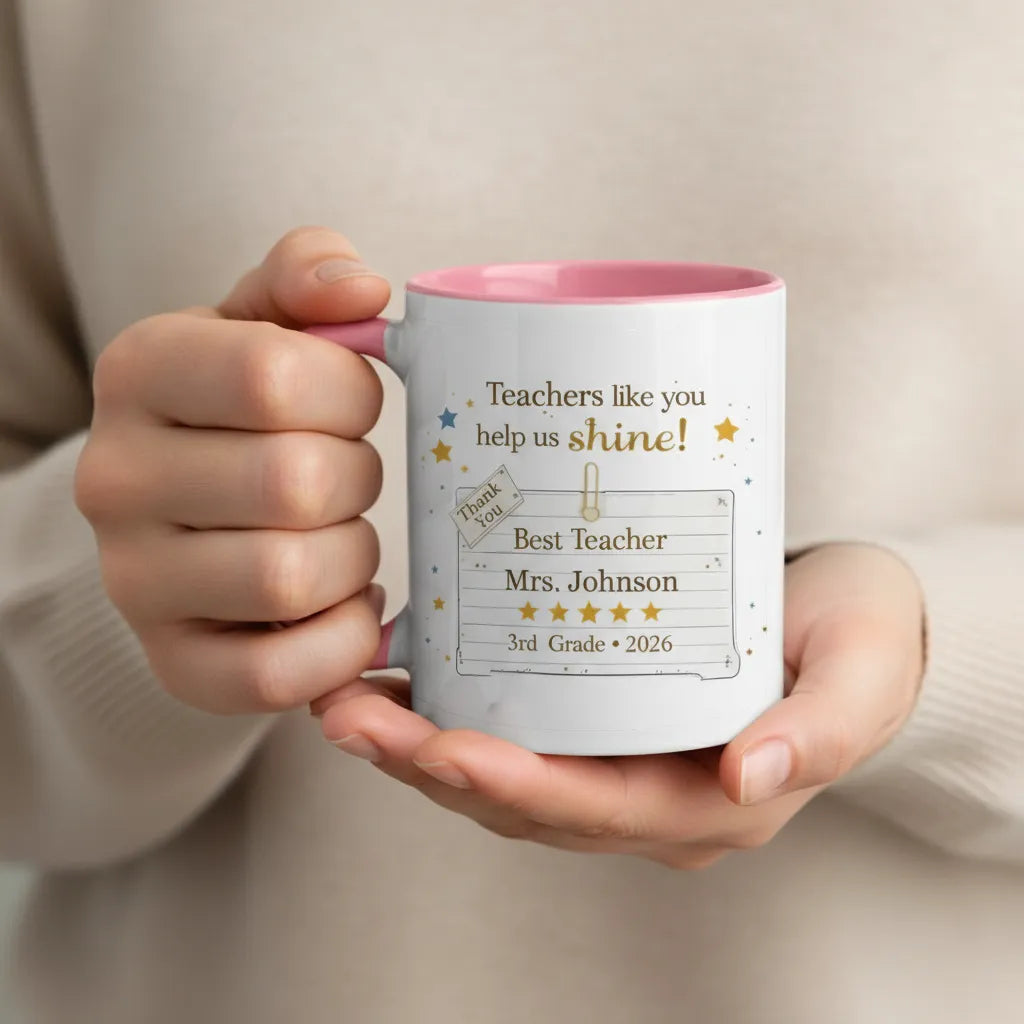 Teachers Like You Help Us Shine - Personalized Ceramic Coffee Mug - Meaningful Appreciation Gift for Teacher, Mentor, Professor - 11oz Colorful Rim & Handle Mug