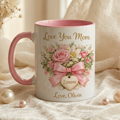 Love You Mom - Personalized Pink Floral Mug for Mom, Gift from Daughter
