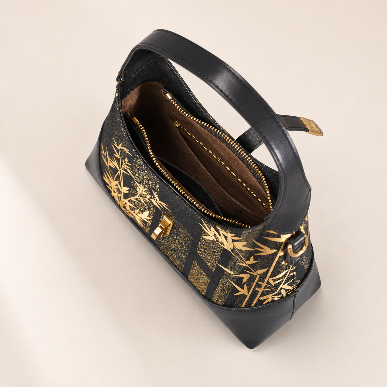 Gold Bamboo Silk & Leather Shoulder Bag