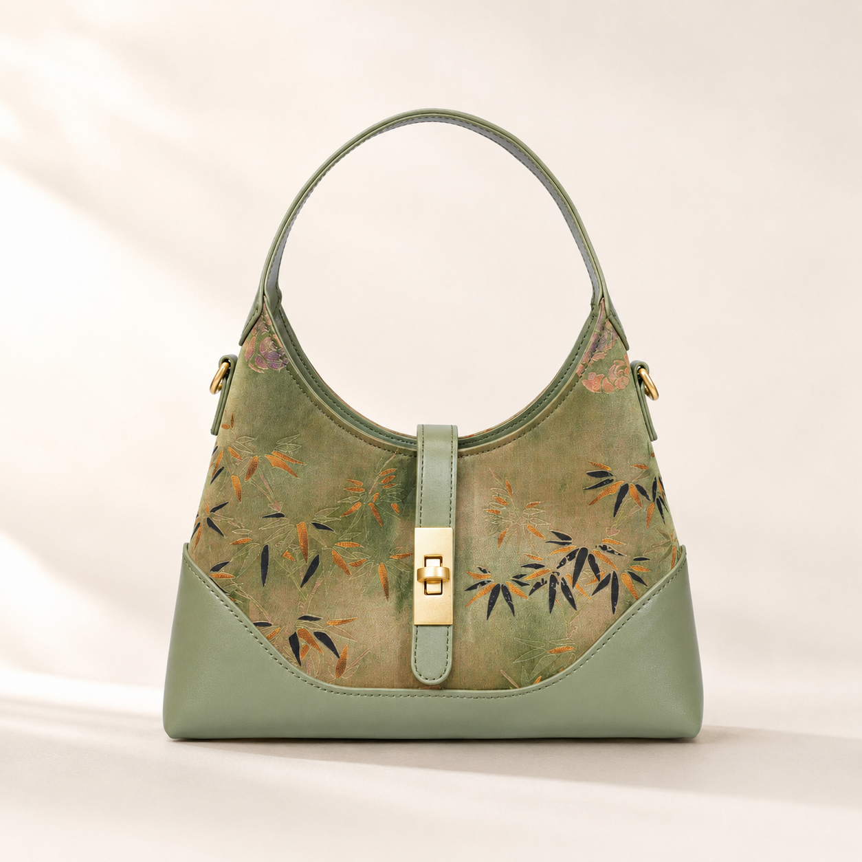 Green Bamboo Silk & Leather Shoulder Bag