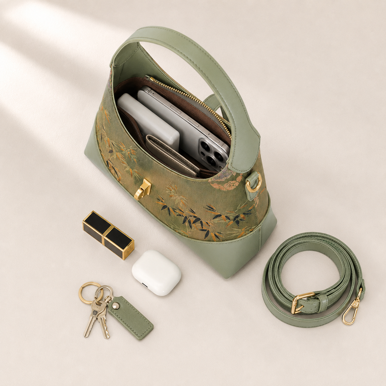 Green Bamboo Silk & Leather Shoulder Bag