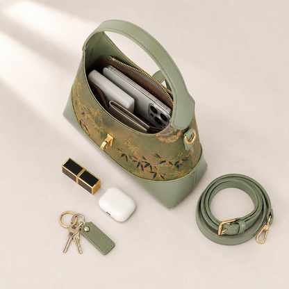 Green Bamboo Silk & Leather Shoulder Bag