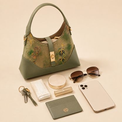 Olive Bamboo Silk Brocade Leather Shoulder Bag