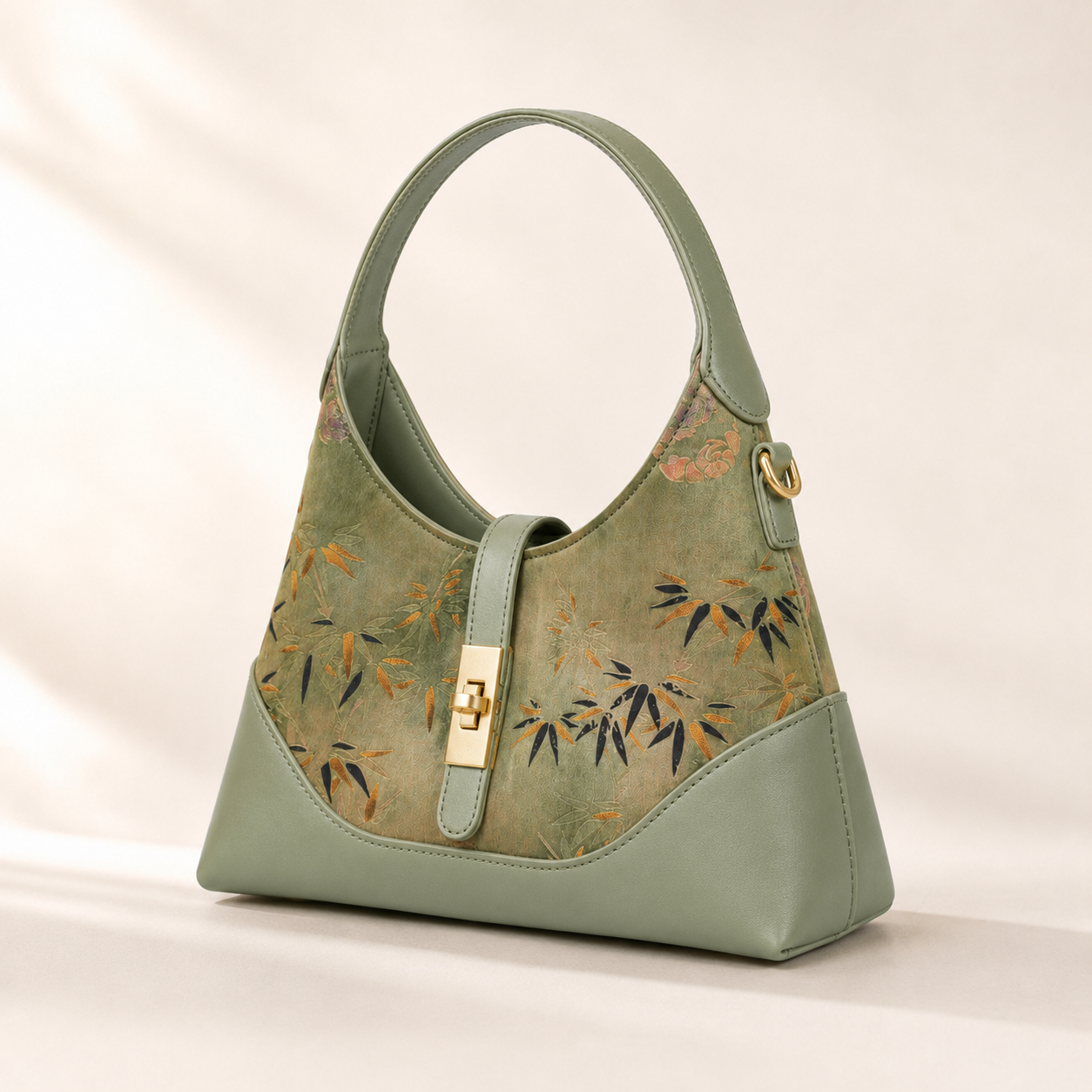 Green Bamboo Silk & Leather Shoulder Bag