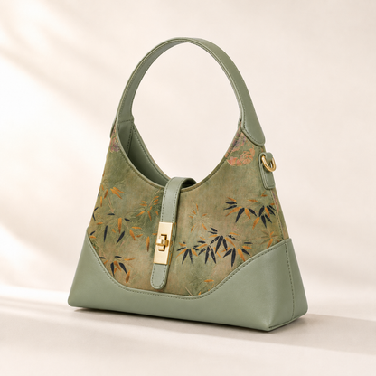 Green Bamboo Silk & Leather Shoulder Bag