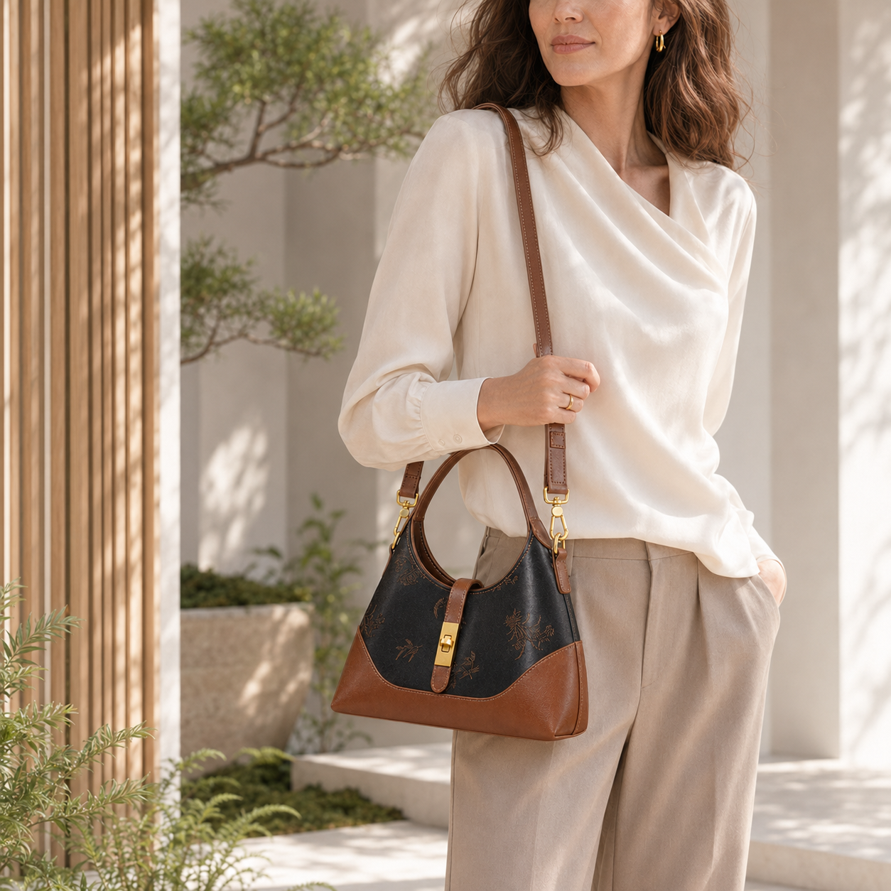 Black Shang Yun Silk & Leather Shoulder Bag