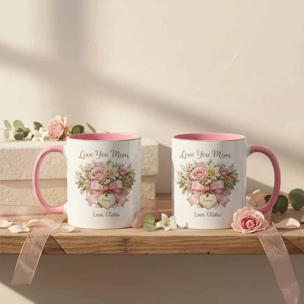 Love You Mom - Personalized Pink Floral Mug for Mom, Gift from Daughter