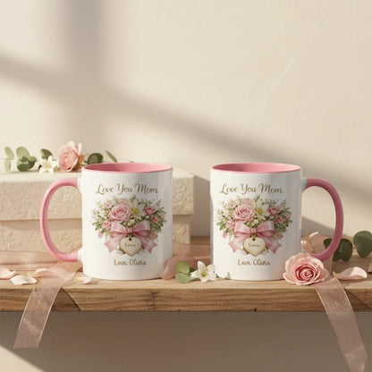 Love You Mom - Personalized Pink Floral Mug for Mom, Gift from Daughter