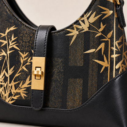 Gold Bamboo Silk & Leather Shoulder Bag