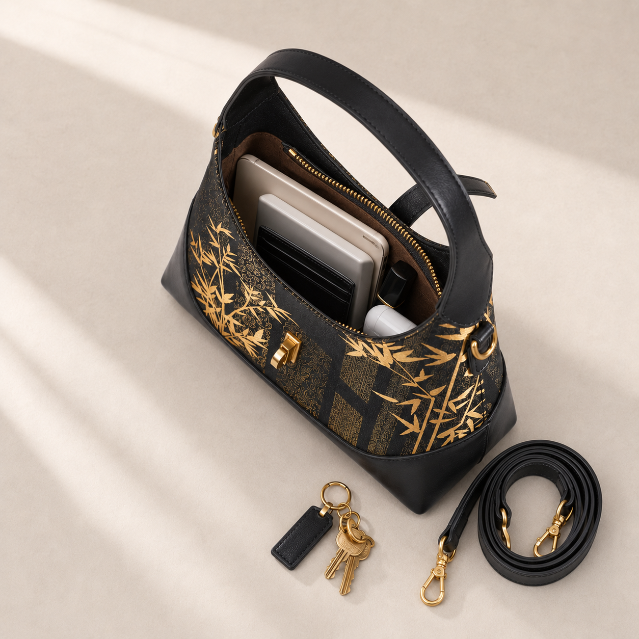 Gold Bamboo Silk & Leather Shoulder Bag