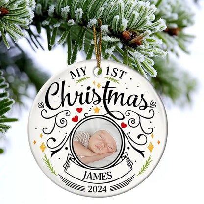 Custom Photo Baby First Christmas Parents - Personalized Circle Ceramic Ornament