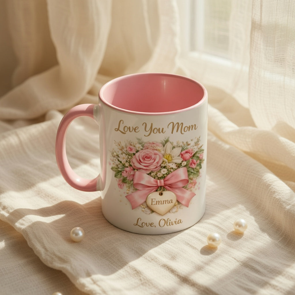 Love You Mom - Personalized Pink Floral Mug for Mom, Gift from Daughter