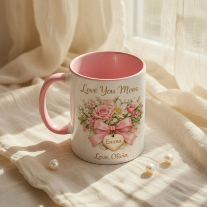 Love You Mom - Personalized Pink Floral Mug for Mom, Gift from Daughter
