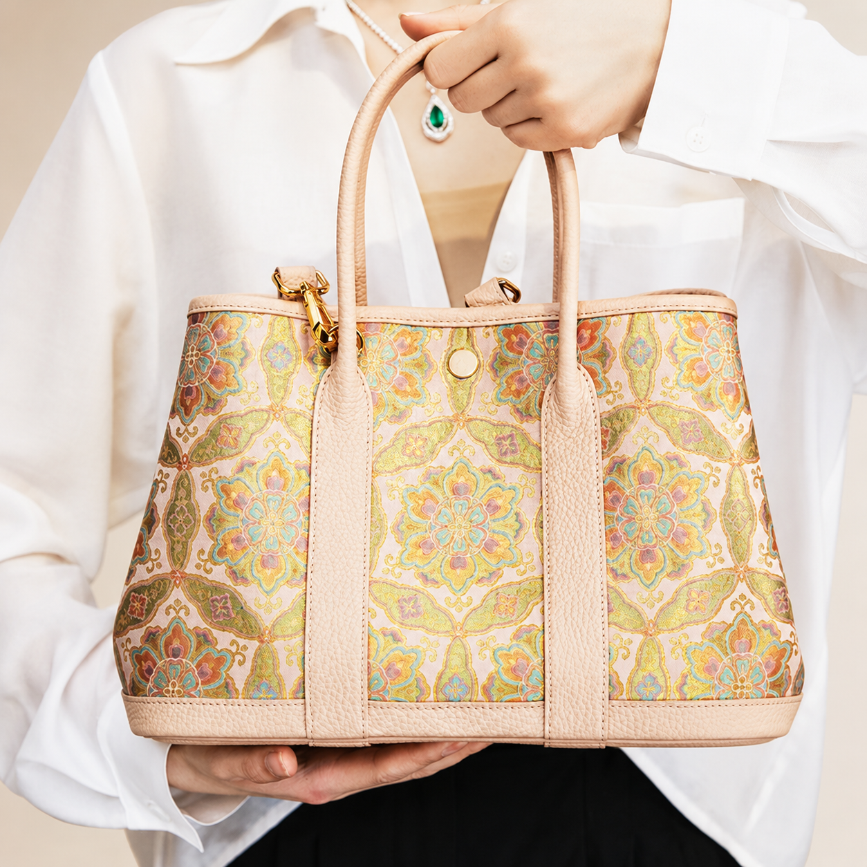 Golden Palace Silk Brocade & Leather Tote Bag