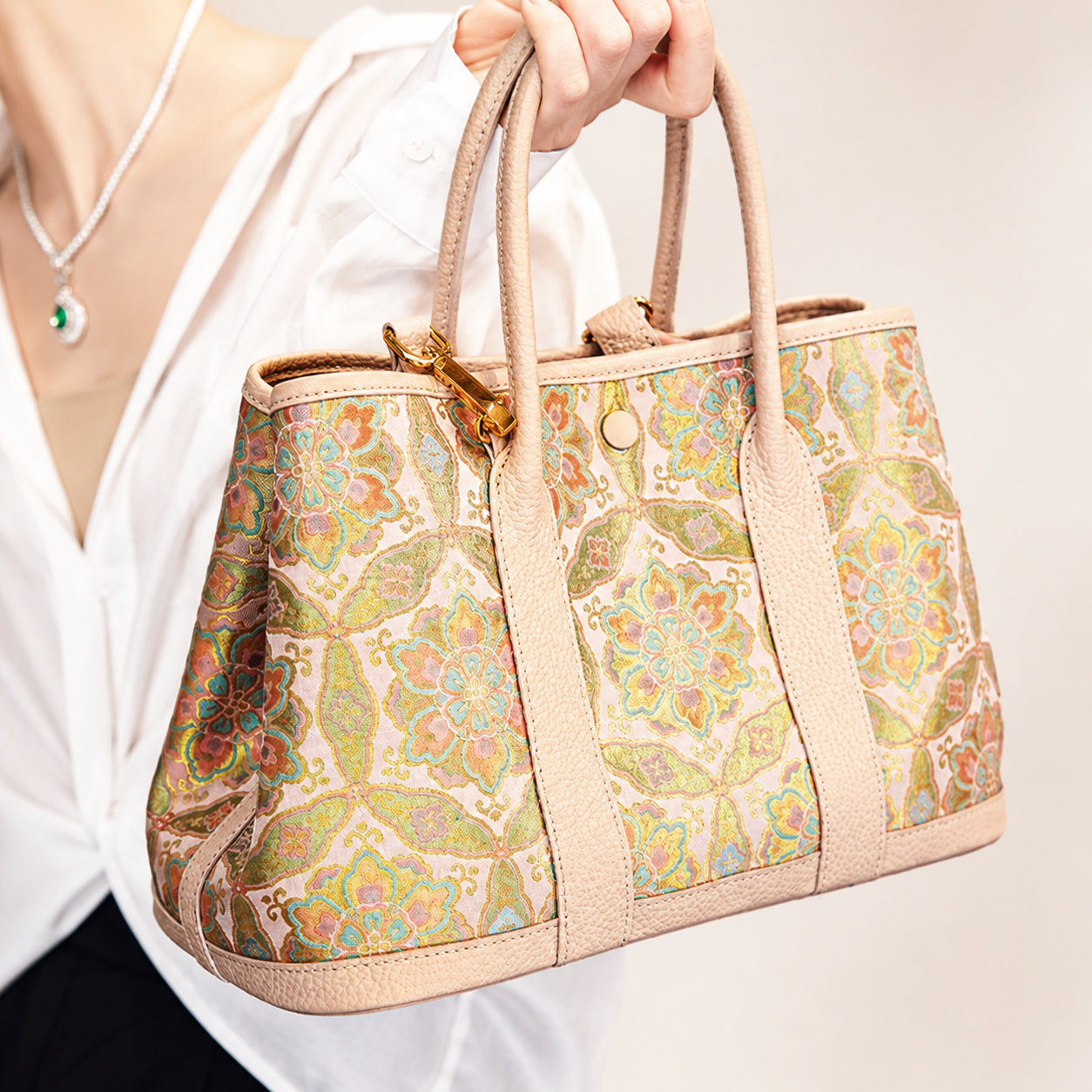Golden Palace Silk Brocade & Leather Tote Bag