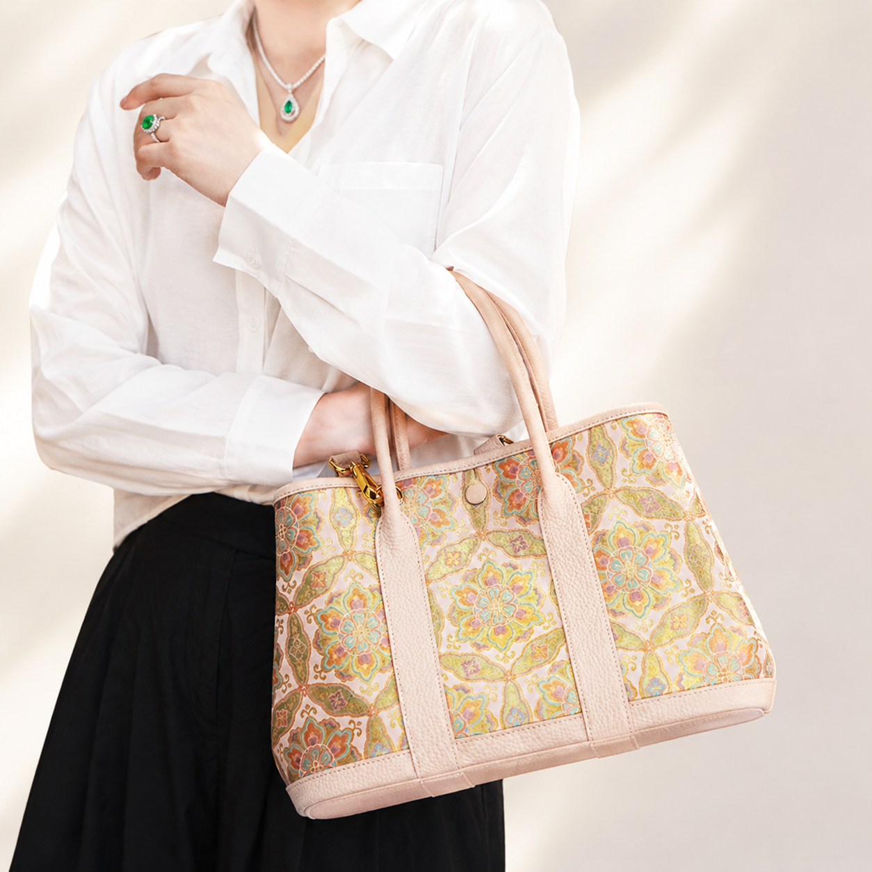 Golden Palace Silk Brocade & Leather Tote Bag