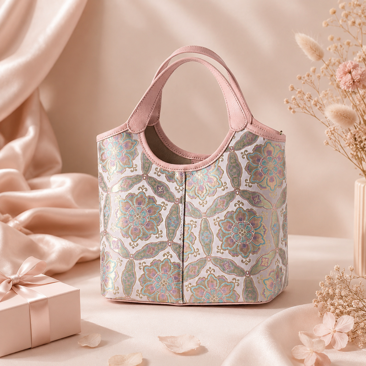 Silk Brocade & Leather Handbag - Blush Pink