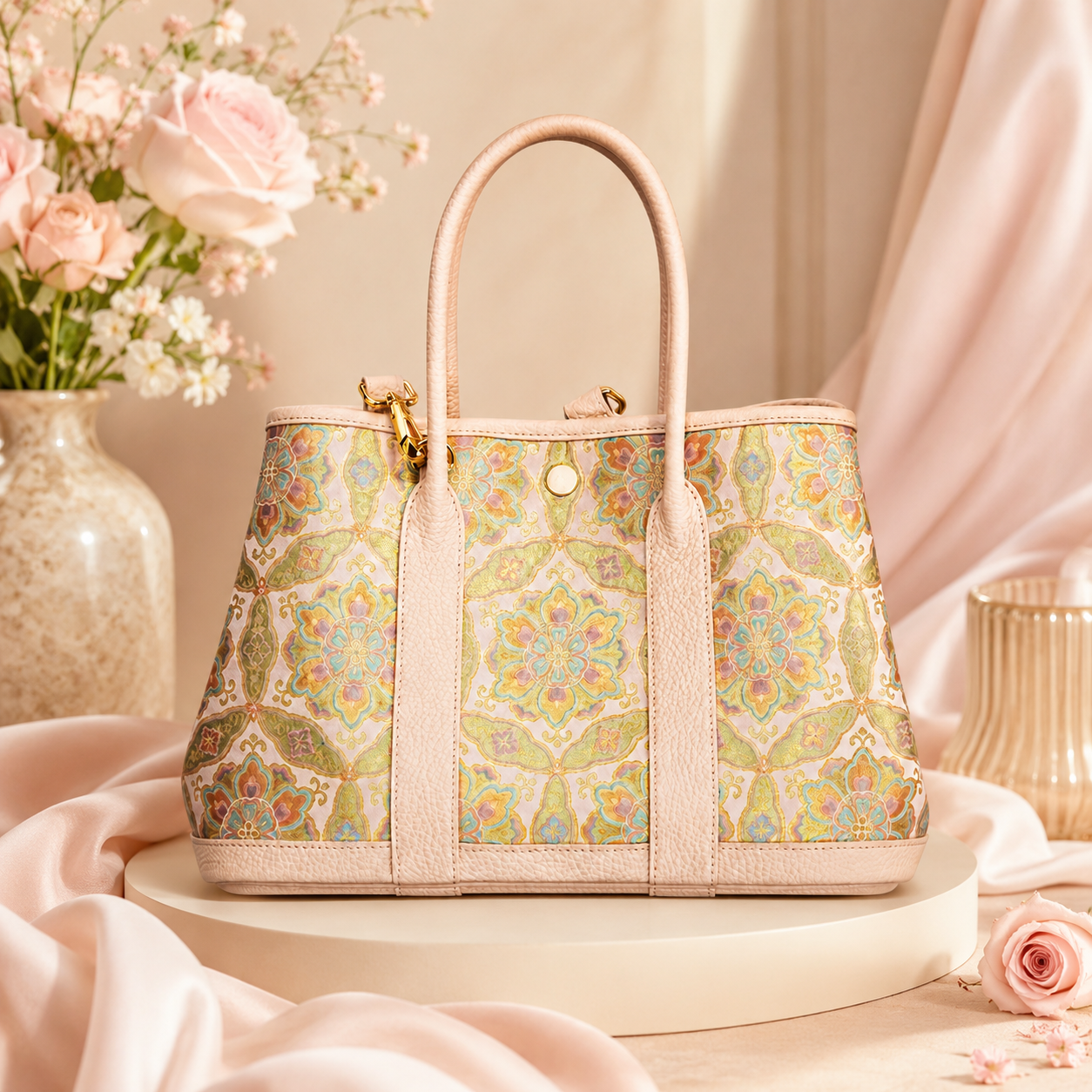 Golden Palace Silk Brocade & Leather Tote Bag