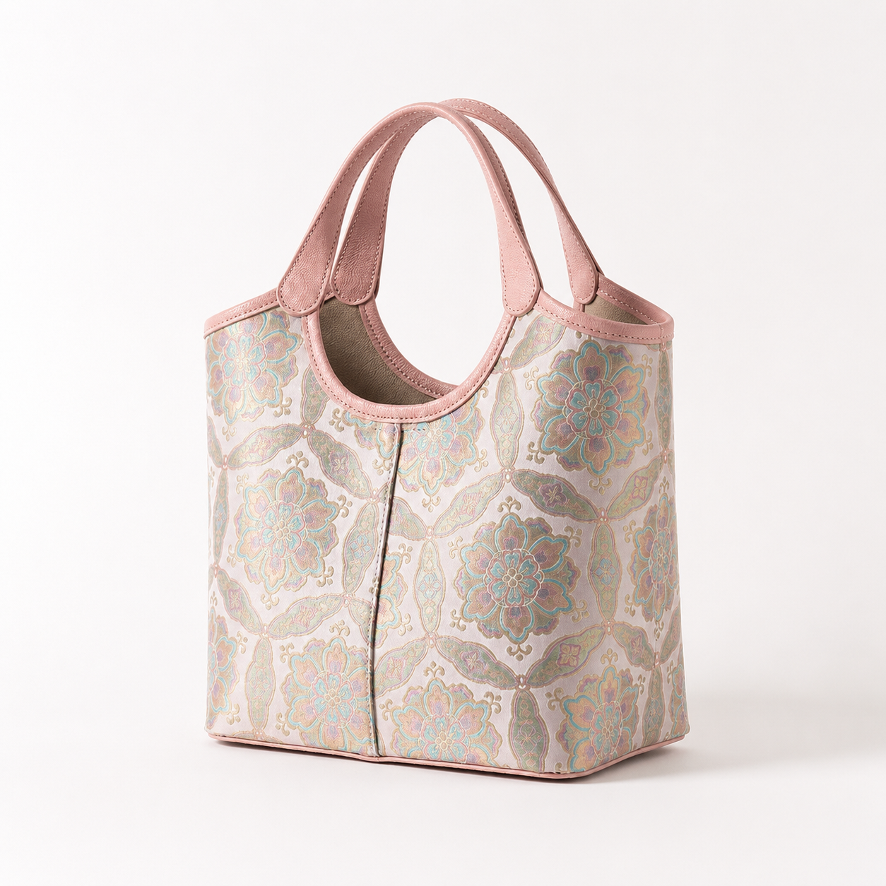 Silk Brocade & Leather Handbag - Blush Pink