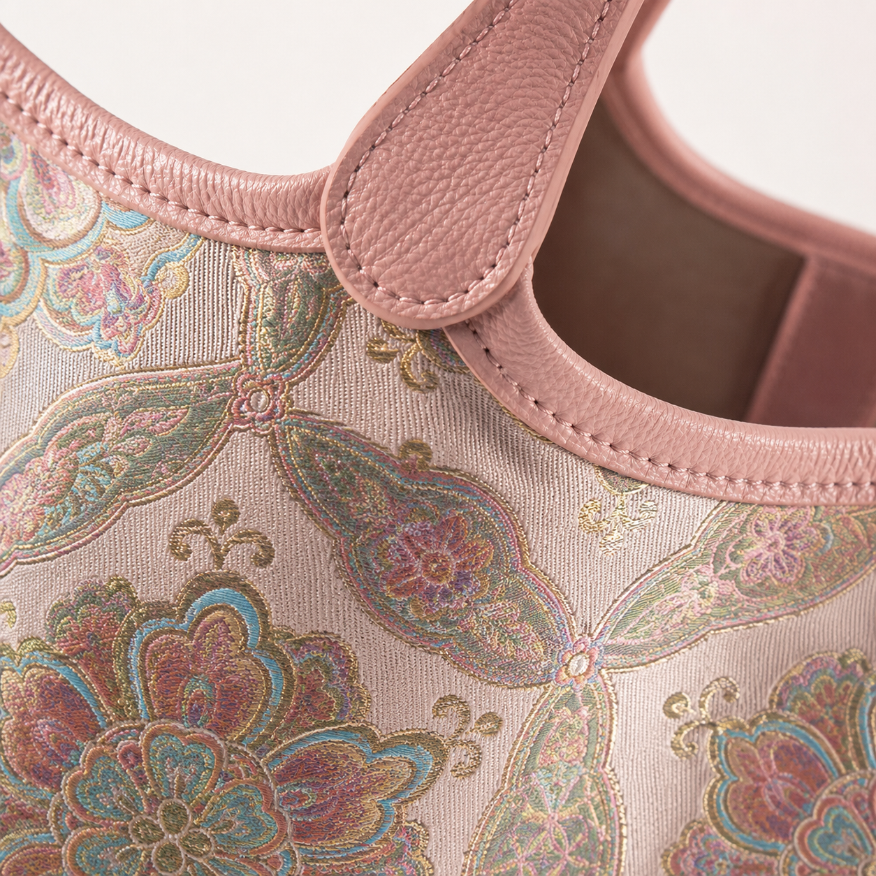 Silk Brocade & Leather Handbag - Blush Pink