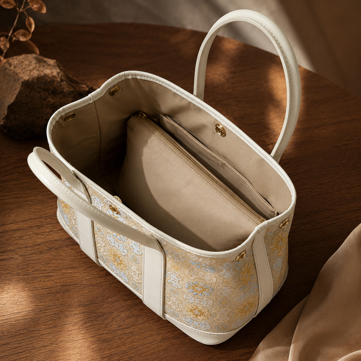 Ivory Bloom Silk Brocade Leather Bag