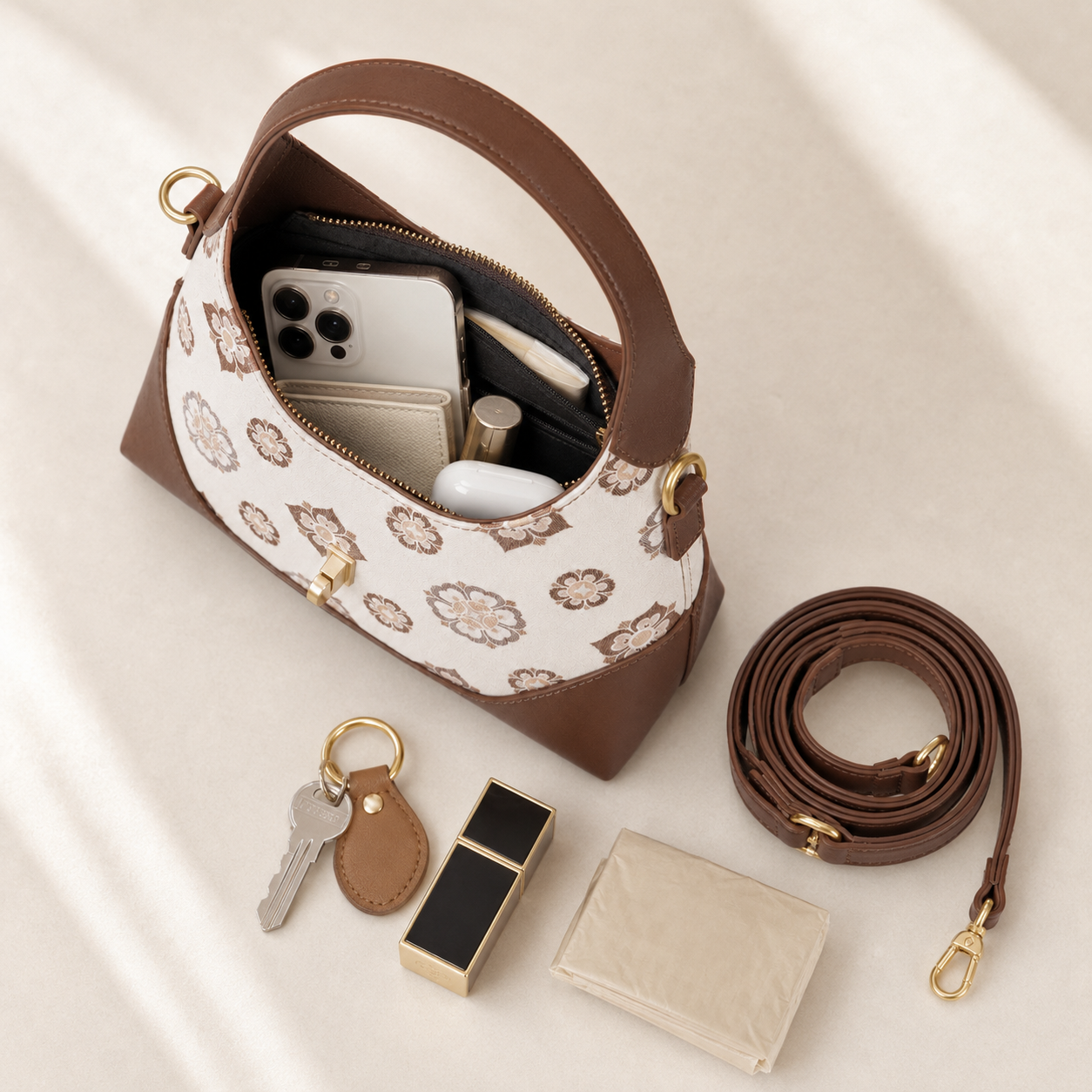 Ivory Floral Song Brocade & Leather Shoulder Bag