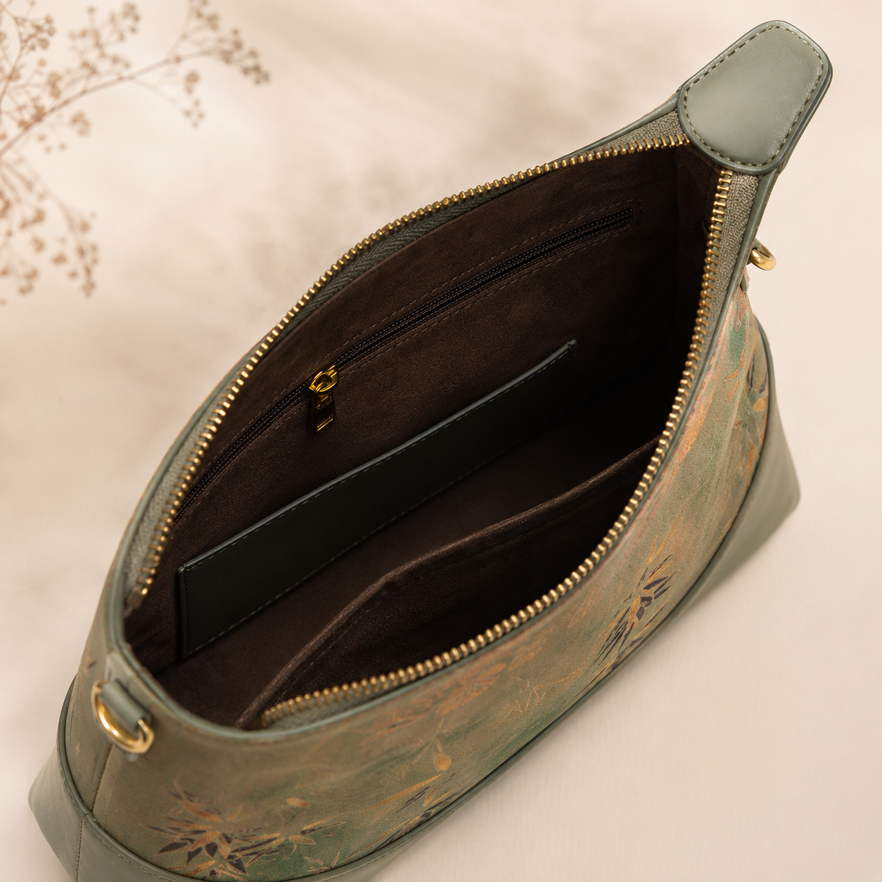 Olive Bamboo Silk Brocade Leather Shoulder Bag