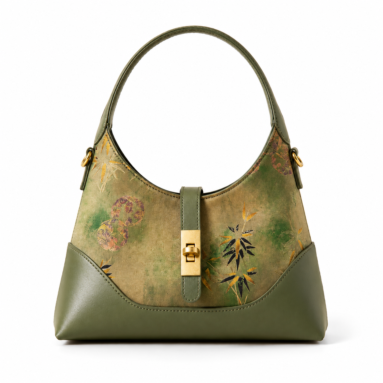Olive Bamboo Silk Brocade Leather Shoulder Bag