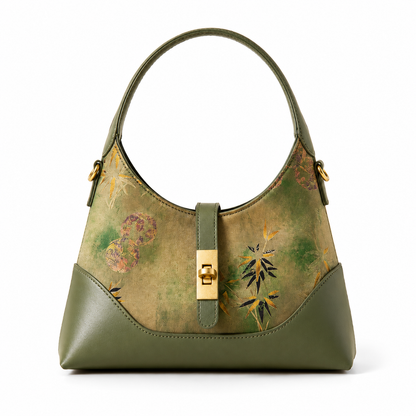 Olive Bamboo Silk Brocade Leather Shoulder Bag