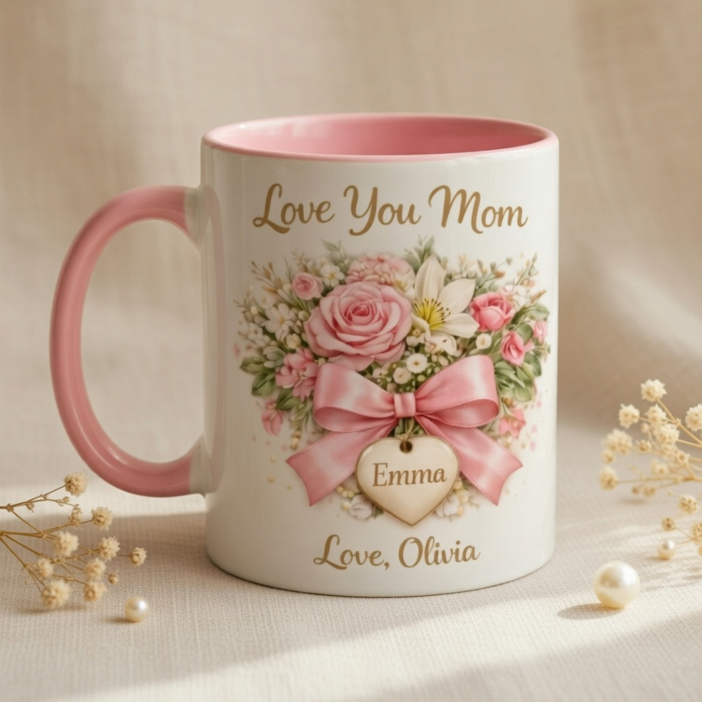Love You Mom - Personalized Pink Floral Mug for Mom, Gift from Daughter