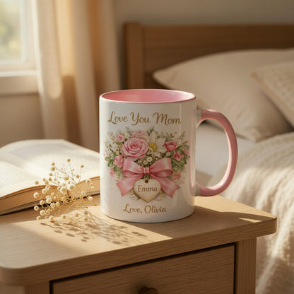 Love You Mom - Personalized Pink Floral Mug for Mom, Gift from Daughter