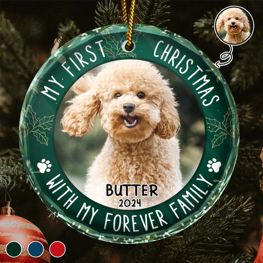 Custom Photo First Christmas Pet Lovers - Personalized Circle Glass Ornament