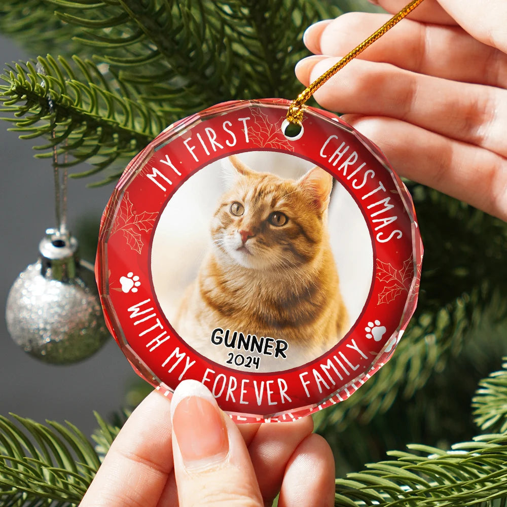Custom Photo First Christmas Pet Lovers - Personalized Circle Glass Ornament