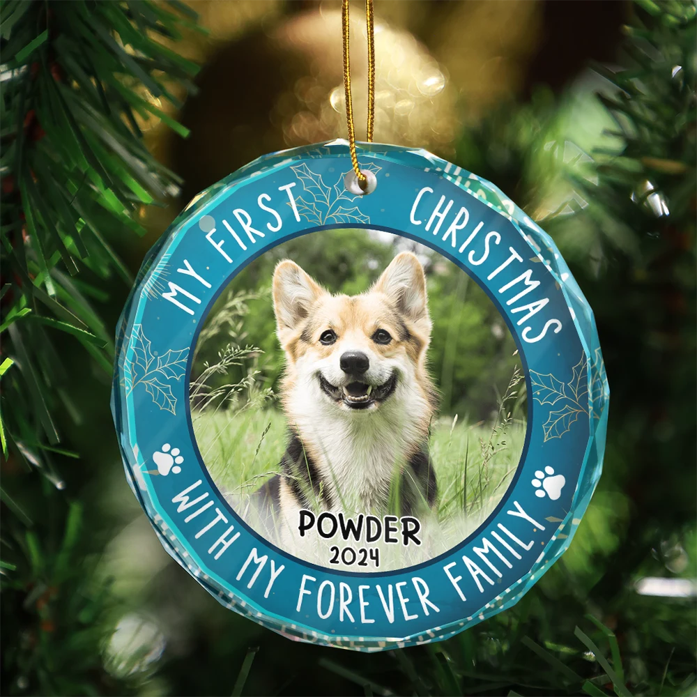Custom Photo First Christmas Pet Lovers - Personalized Circle Glass Ornament
