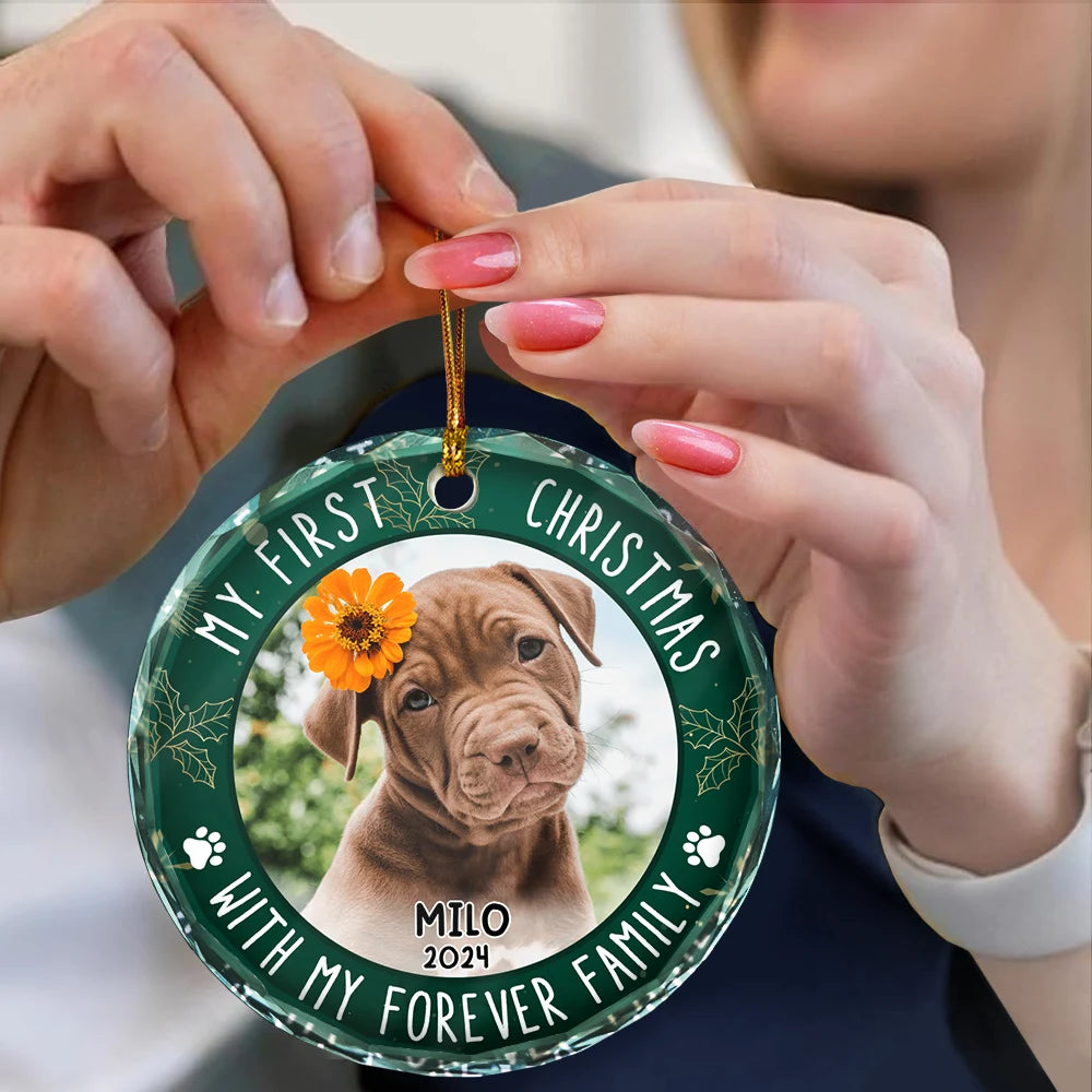 Custom Photo First Christmas Pet Lovers - Personalized Circle Glass Ornament